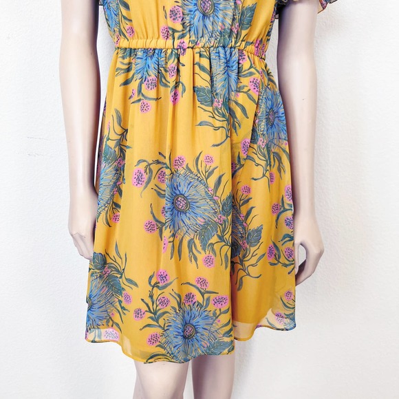[Madewell] Sweetgrass Ruffle-Sleeve Dress Painted Blooms Yellow V-Neck Size 6 - Picture 6 of 12